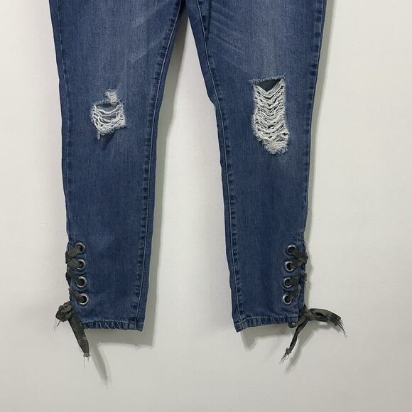 NY&Co Soho Jeans 14 Distressed Blue Stretch Tie Cuff Hem 35x28‎ Ankle Denim - Picture 2 of 8